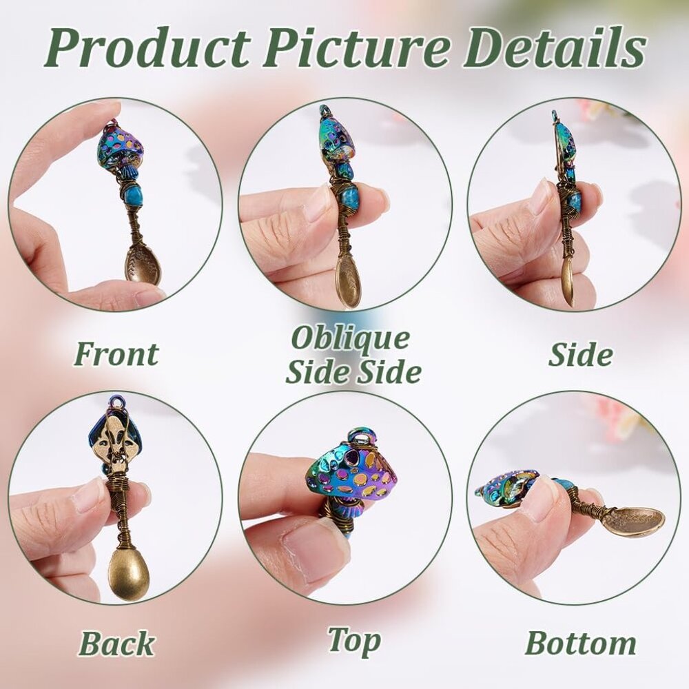 3 Pcs 3 Colors Natural Genstone Pendants, 2.6 Inch Long Mushroom Spoon Alloy Cha - Picture 3 of 6